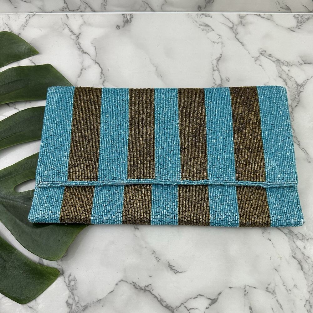 Corey Lynn Calter Anthropologie Beaded Clutch Bag Purse Brown Blue Stripe